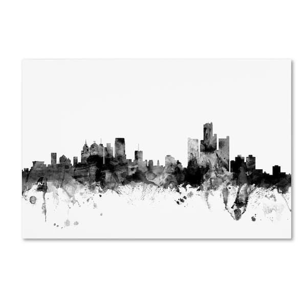Trademark Fine Art Detroit Michigan Skyline Black and White by Michael Tompsett Floater Frame Architecture Wall Art 22 in. x 32 in.