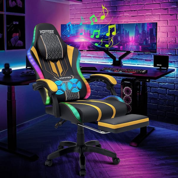 Faux Leather Massage Ergonomic Gaming Chair Big and Tall Game Chair in Yellow with Bluetooth Speakers LED Light Footrest