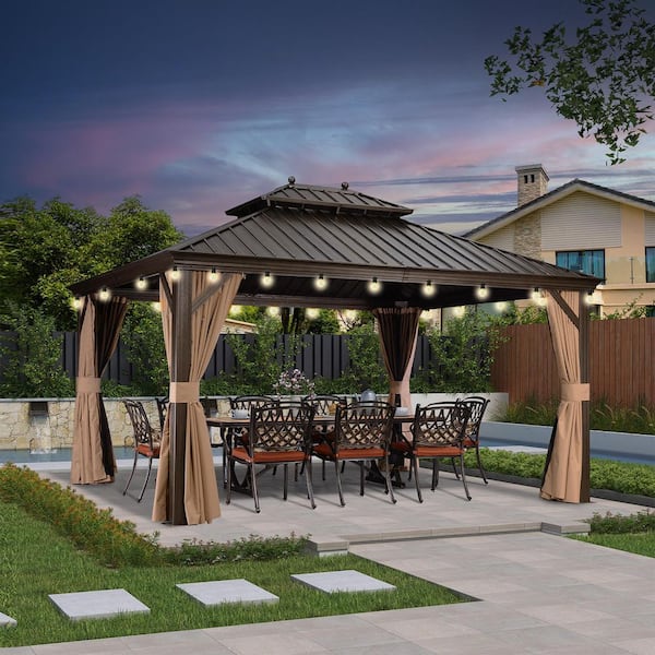 12 ft. x 14 ft. Bronze Patio Outdoor Gazebo for Backyard Hardtop Aluminum Frame Hooks, Netting, Khaki Curtain 24-Lights