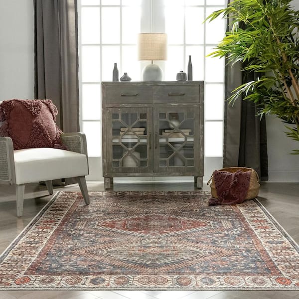 Lotus Ripon Blue Red Vintage Medallion Botanical Border 5 ft. 3 in. x 7 ft. 3 in. Machine Washable Area Rug