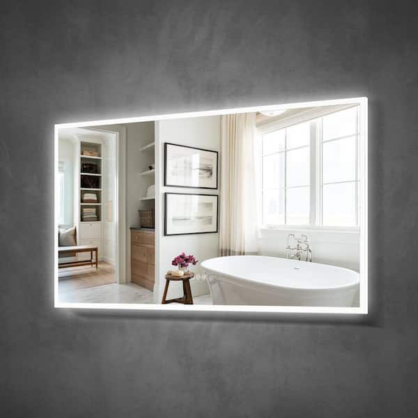 ANGELES HOME 55 in. W x 30 in. H Rectangular Acrylic Framed Wall Anti Fog Dimmable LED Bathroom Vanity Mirror with Lights in White