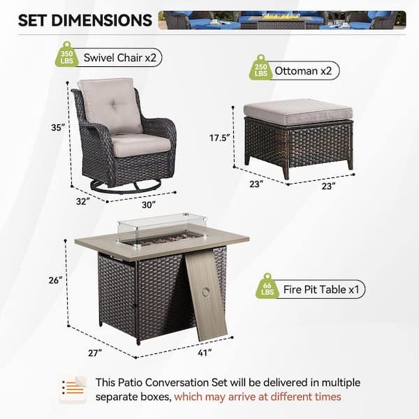 5-Piece Brown Wicker Fire Pit Conversation Set with Olefin Beige Cushions and Curved Arm Swivel Gliders and Ottoman