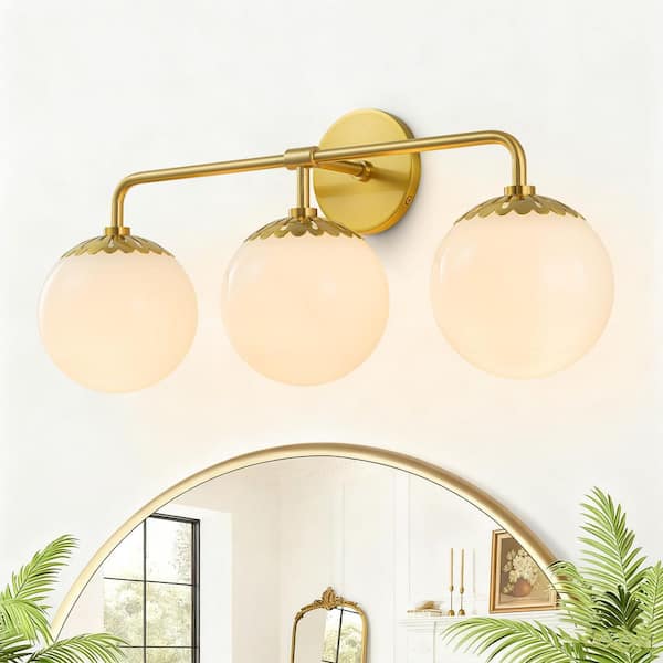 23.6 in. 3 Light Modern Brushed Gold Bathroom Vanity Light with Opal Glass Shade
