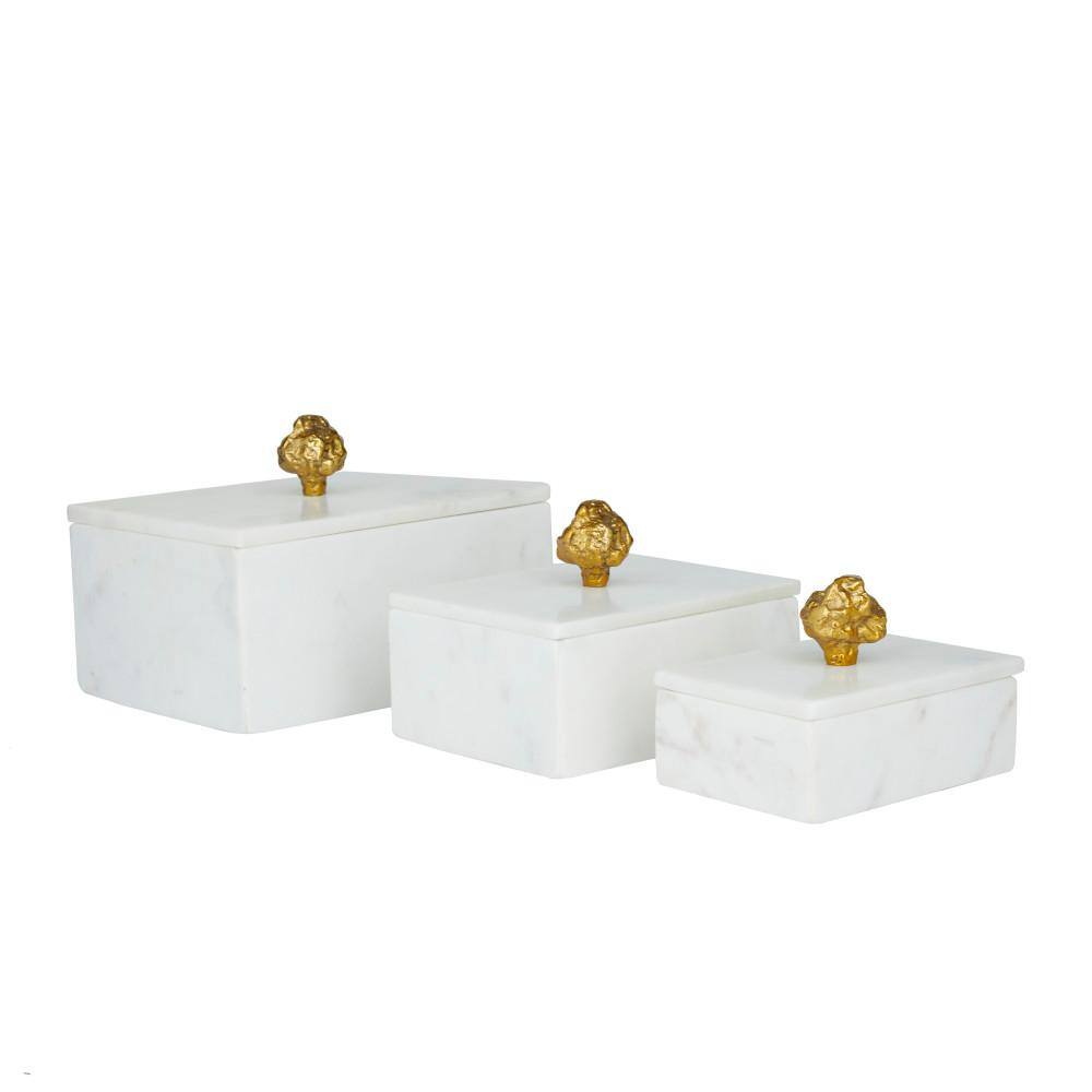 Litton Lane Rectangle Marble Box with Gold Finial (Set of 3), White