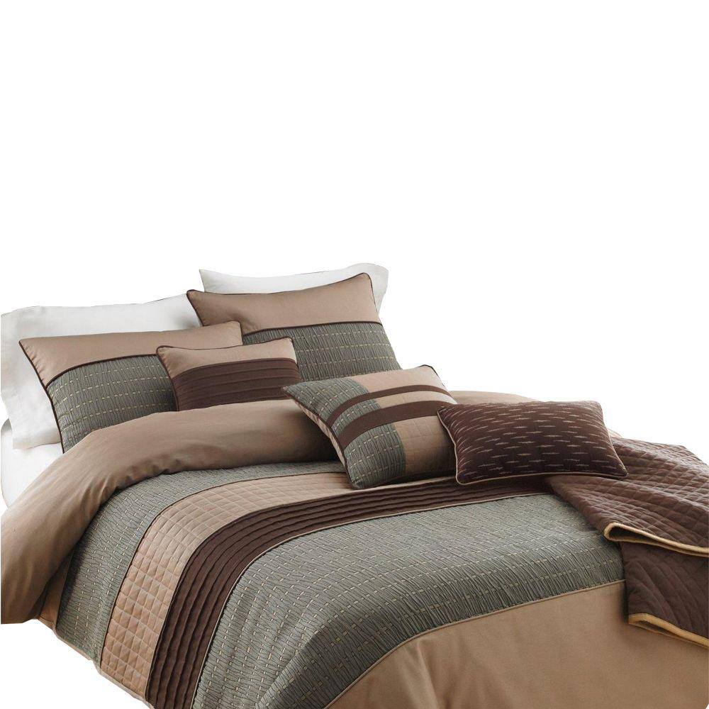 Gray and Brown Microfiber Queen Comforter Set with Pleats