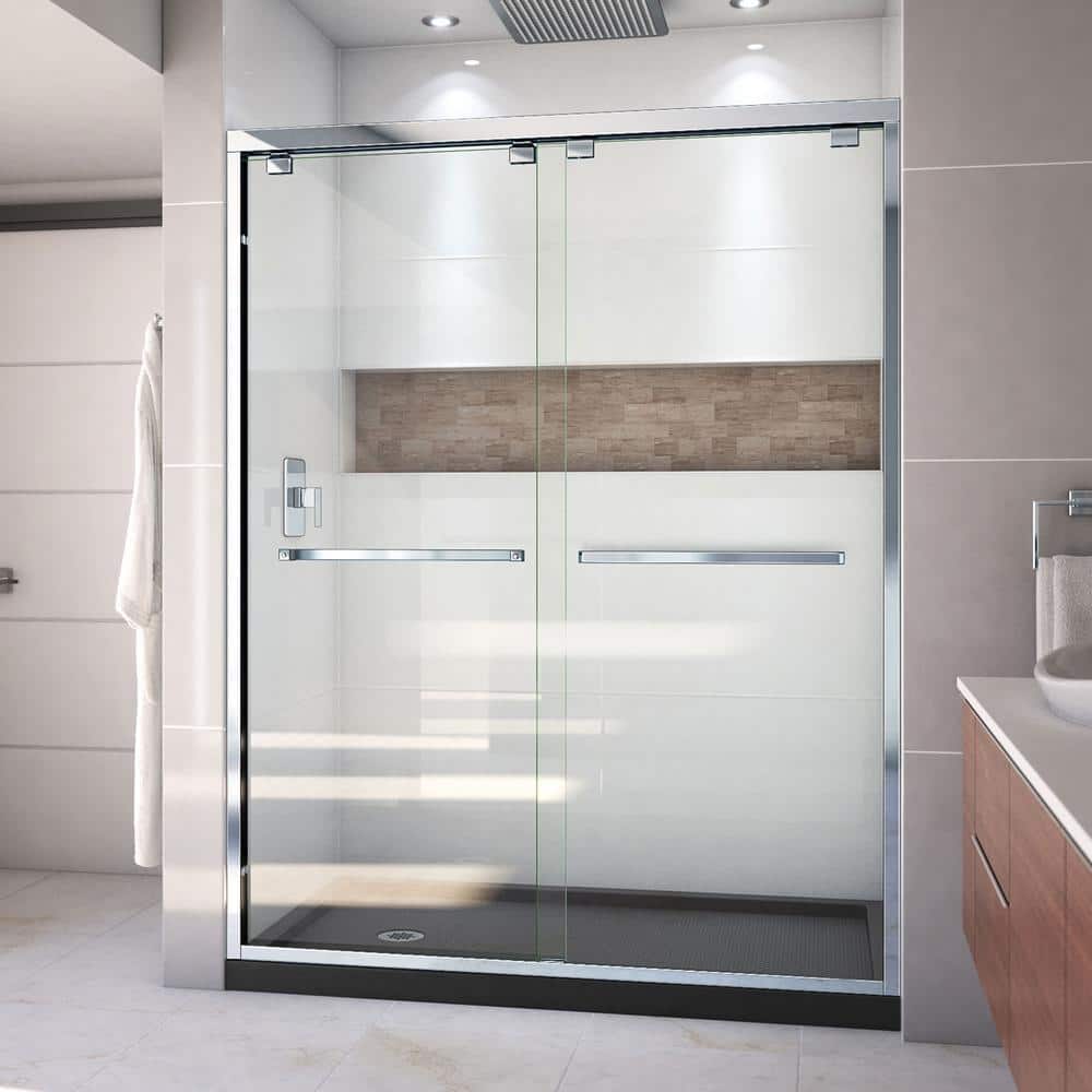 Encore 34 in. D x 60 in. W x 78.75 in. H Semi-Frameless Sliding Shower Door in Chrome with Left Drain Black Base price history on PriceWatchPro