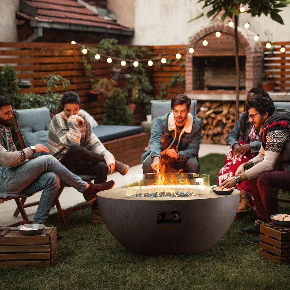 Round White Steel Propane Fire Pit with Glass Guard