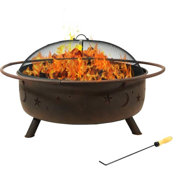42-Inch Outdoor Fire Pit with Spark Screen and Poker, Wood-Burning Steel Firepit for Patio and Backyard, Bronze
