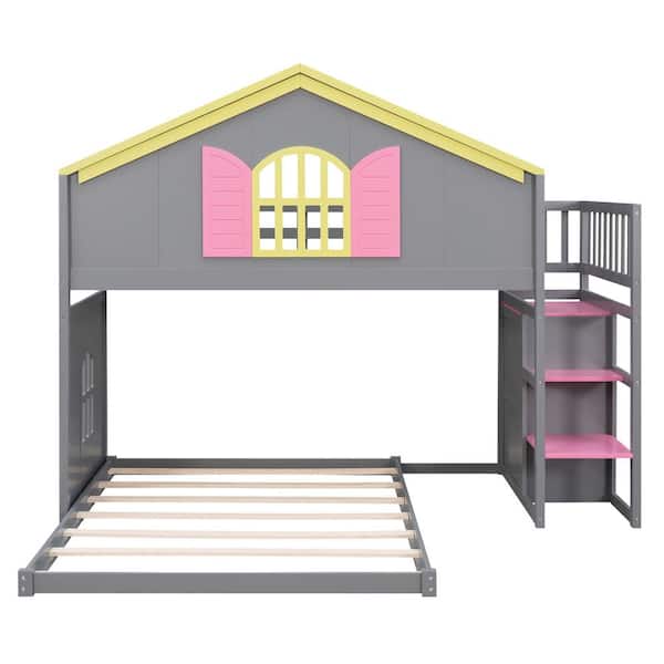 URTR Gray Twin Over Full House Bunk Bed with Pink Staircase and Drawer, Shelves Under The Staircase for Kids Teens