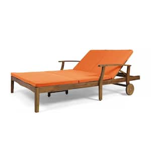 Perla Teak Brown 1-Piece Wood Outdoor Double Chaise Lounge with Orange Cushions