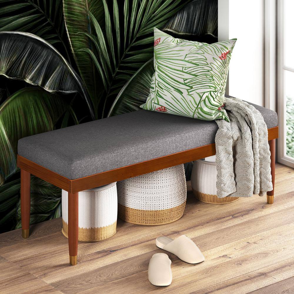 Raymond Mid-Century 48" Grey Upholstered Bench with Brass-Tipped Legs