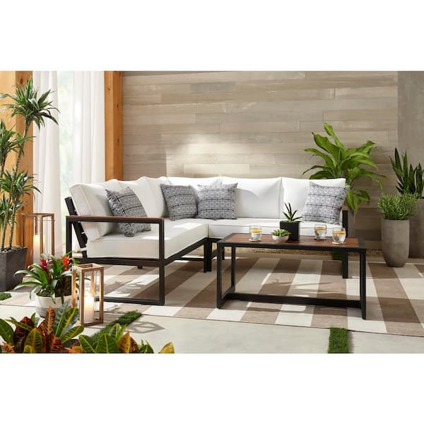 Hampton Bay West Park Black Aluminum Outdoor Patio Sectional Sofa Seating Set with CushionGuard White Cushions
