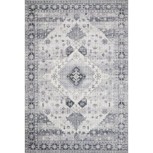 Skye Silver/Grey 6 ft. x 6 ft. Round Printed Distressed Oriental Area Rug