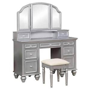 2-Piece Silver and Beige Makeup Vanity Set with 3-Sided Mirror