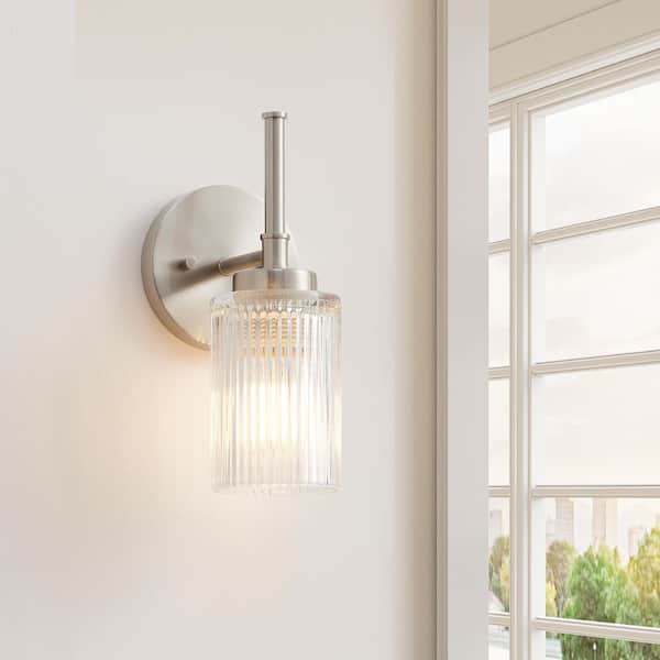 11.5 in. 1-Light Brushed Nickel Wall Sconces with Clear Ribbed Glass Shades and Decorative Tube