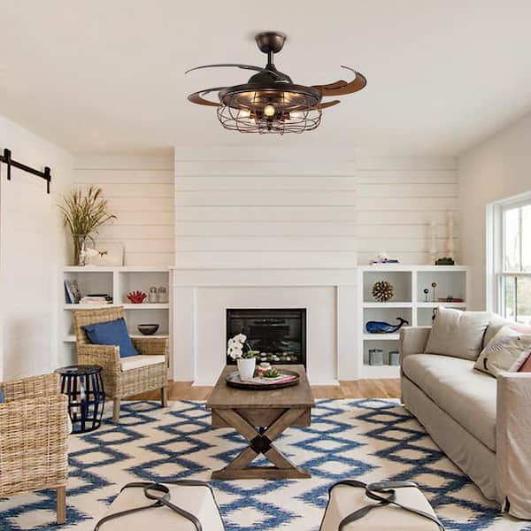 48 in. Brown Rust Retractable Caged Downrod Ceiling Fan with Lights and Remote Control for Dining Room and Living Room