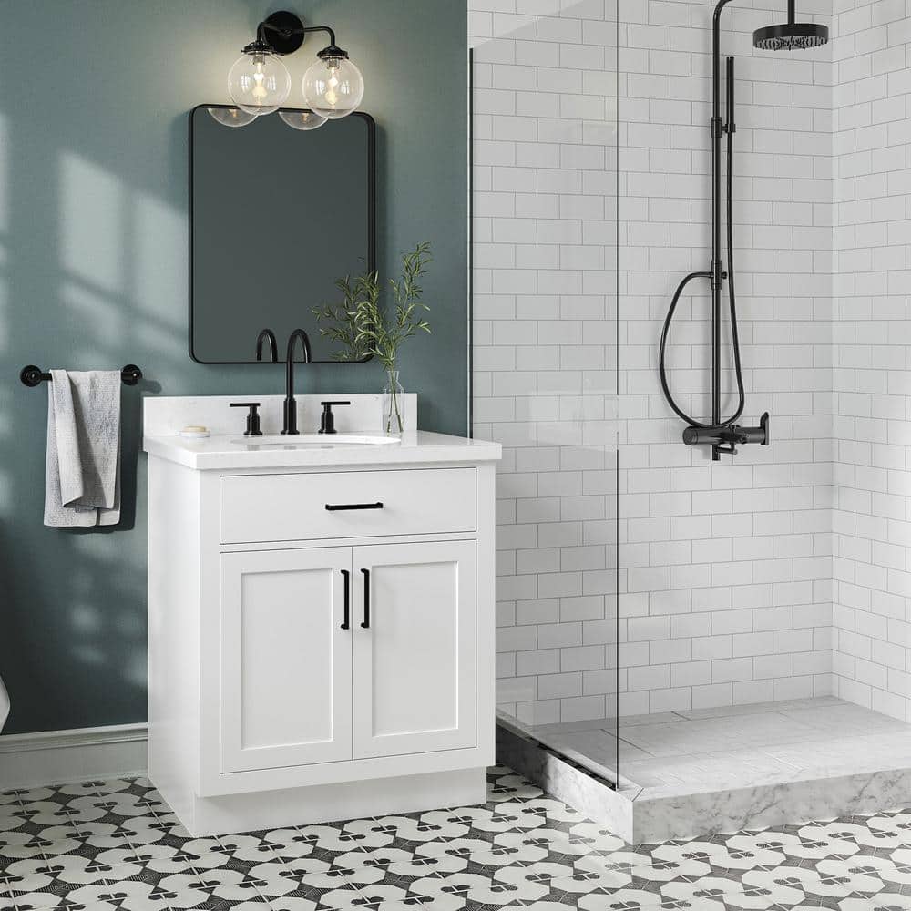 White Freestanding Single Bathroom Vanity with Carrara Quartz Top
