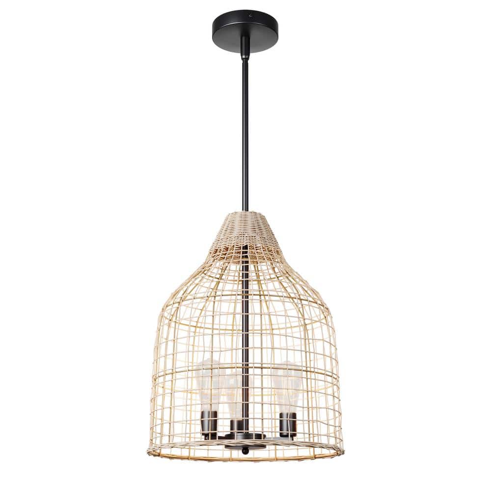 Farmhouse 3-Light 14.96 in. Rattan Black Pendant Light Fixture Boho Handwov