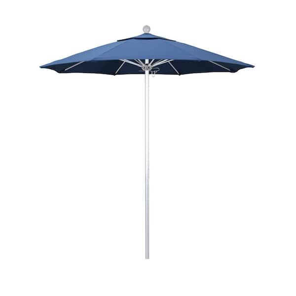 California Umbrella 7.5 ft. Silver Aluminum Commercial Market Patio Umbrella with Fiberglass Ribs and Push Lift in Frost Blue Olefin
