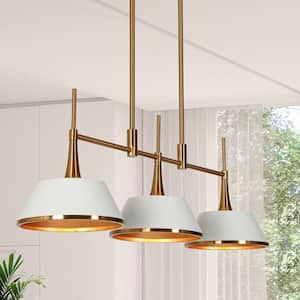 Idaikos Modern 3-Light White and Gold Chandelier Island Light with Bell Metal Shades for Dining Room Kitchen Island