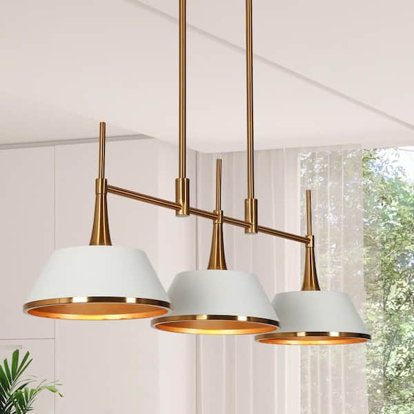 LNC Idaikos Modern 3-Light White and Gold Chandelier Island Light with Bell Metal Shades for Dining Room Kitchen Island