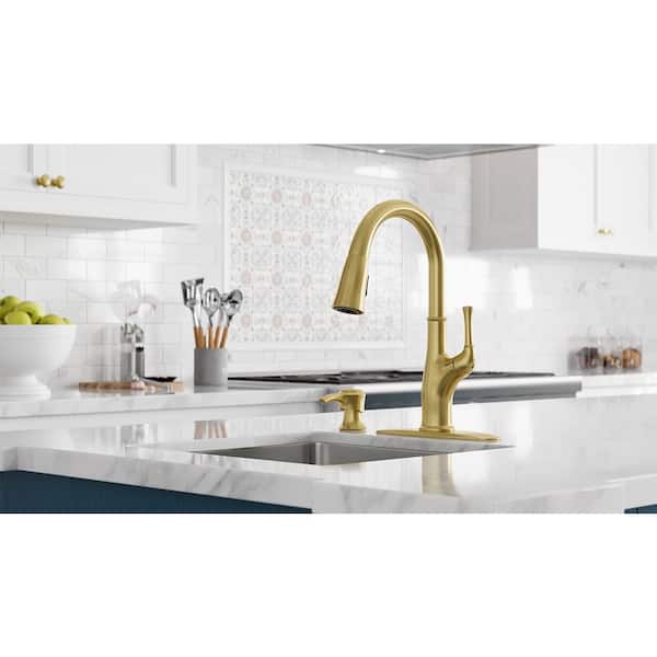 Alderwood Single Handle Pull Down Kitchen Faucet with Deck Plate and Soap Dispenser in Brushed Gold