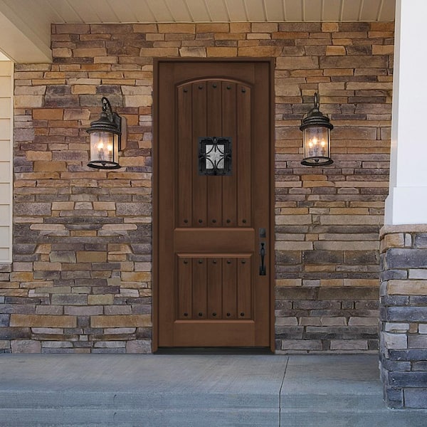 36 in. x 96 in. 2-Panel Right-Hand/Outswing Hickory Stain Fiberglass Prehung Front Door with 4-9/16 in. Jamb Size