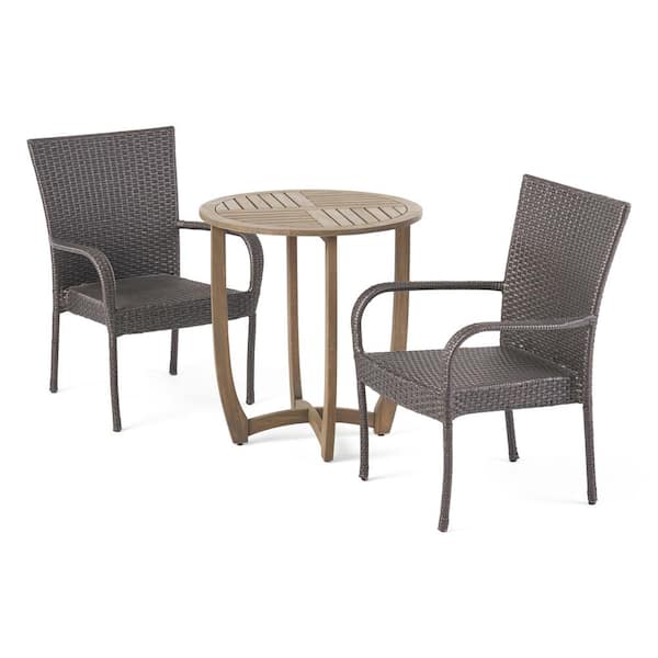 Noble House Camden Gray 3-Piece Wood and Faux Rattan Outdoor Bistro Set