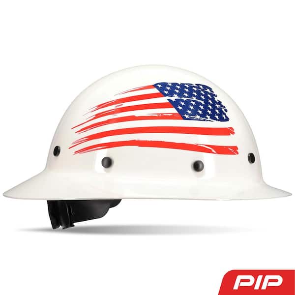 PIP Dynamic Wolfjaw White USA Flag Type 1 Class G Full Brim Fiberglass Resin Hard Hat with 8-Point Ratchet Suspension