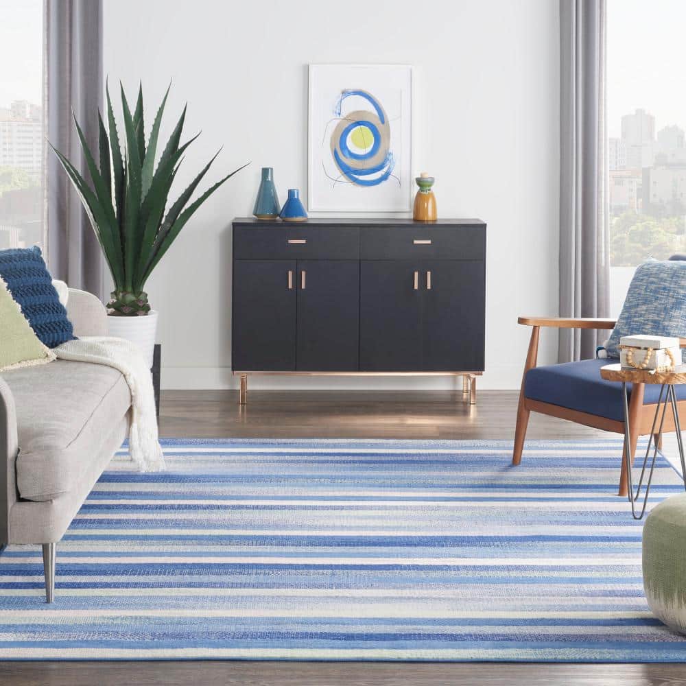 Whimsicle Blue Multicolor 8'4" x 11'6" Synthetic Stripe Rug
