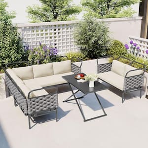 5-Piece Woven Rope Fabric Outdoor Patio Conversation Set with Beige Cushions and Glass Table
