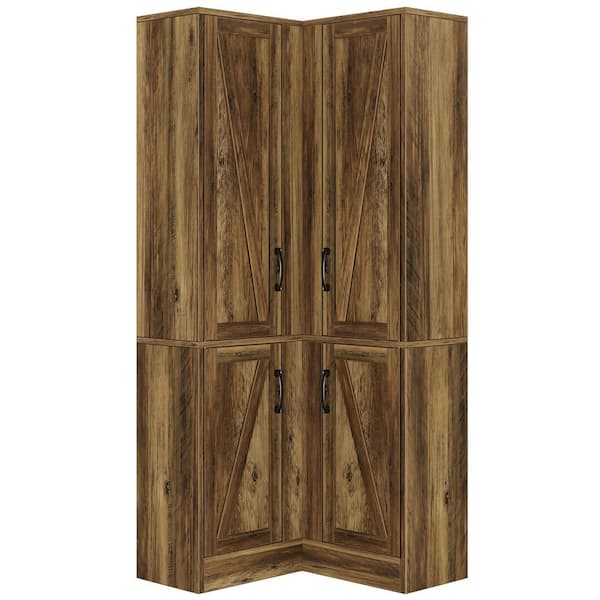Rustic Brown 71 in. Tall Corner Storage Cabinet with Barn Doors, Farmhouse Wood Kitchen Pantry Cabinet