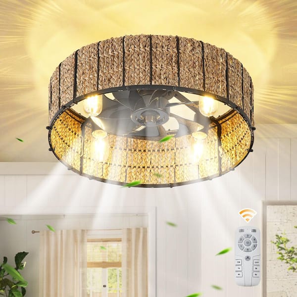 20 in. Indoor Black Handwoven Boho Rattan Caged Reversible Standard Ceiling Fan with Remote Included for Bedroom Kithcen