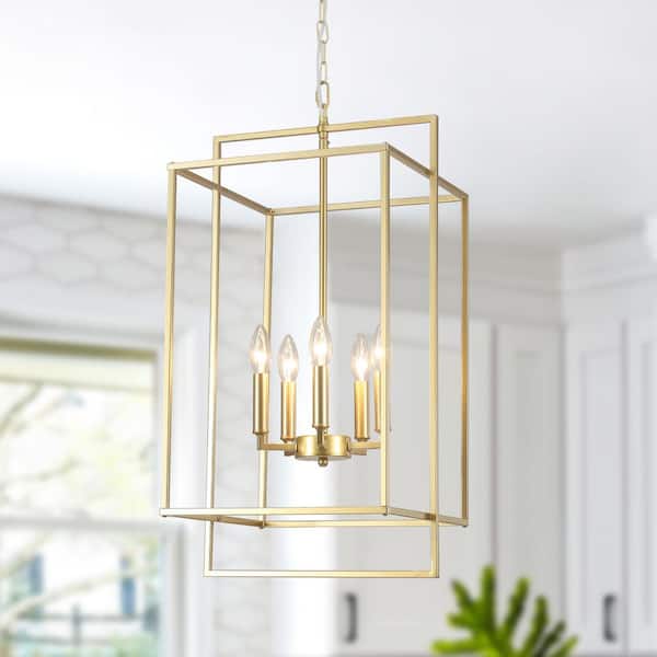 5 Light Gold Dimmable Geometric Lantern Chandelier for Living Bedroom Room with No Bulbs Included