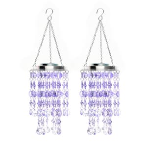 2-Piece Solar Lighted Transparent Acrylic Jewel Beaded Wind Chime or Chandelier Hanging Decor