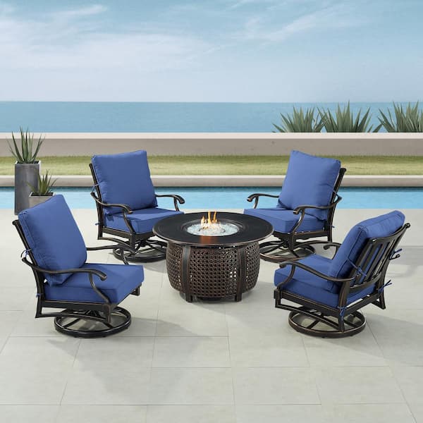 Oakland Living Black 5-Piece Aluminum Patio Fire Pit Set with Blue Cushions