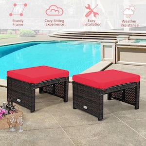 2-Piece Patio Rattan Ottoman Cushioned Seat Foot Rest Furniture in Red