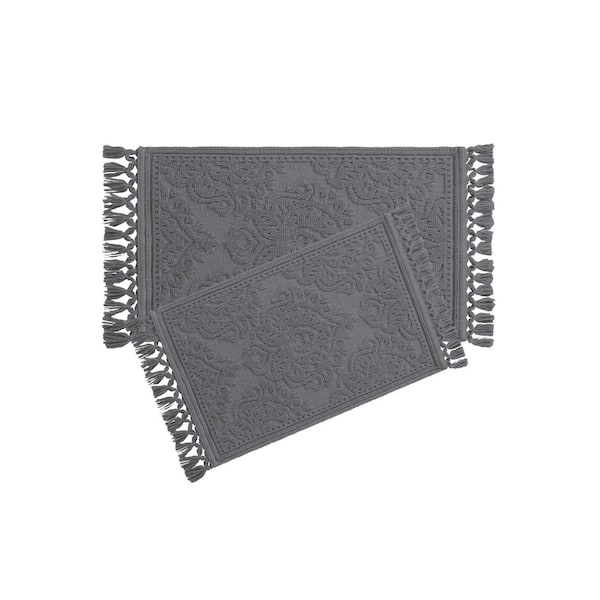 Jean Pierre Ricardo Cotton Fringe 17 in. x 31 in./21 in. x 41 in. 2-Piece Bath Rug Set in Dark Grey