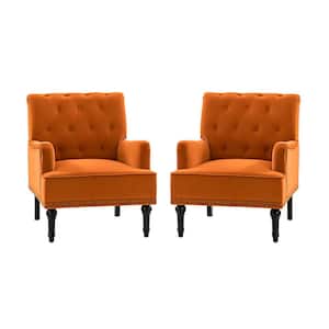 Enrica Orange Tufted Comfy Velvet Armchair with Nailhead Trim and Rubberwood Legs (Set of 2)