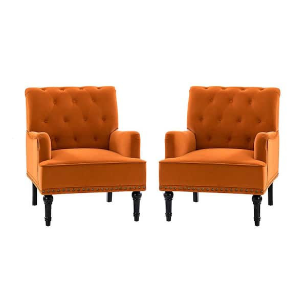 JAYDEN CREATION Enrica Orange Tufted Comfy Velvet Armchair with Nailhead Trim and Rubberwood Legs (Set of 2)