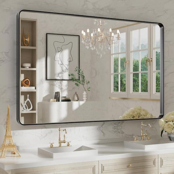 Swafrrt 30 in. W x 48 in. H Rectangular Modern Aluminum Alloy Framed Rounded Black Wall Mirror
