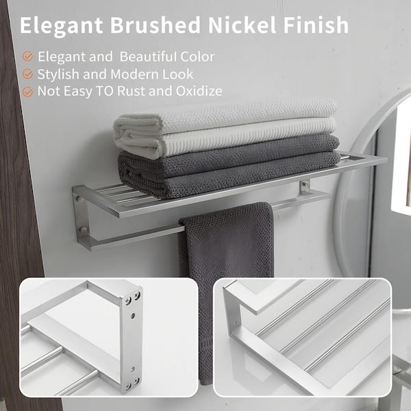 24 in. Single Towel Rack with Shelf in Brushed Nickel