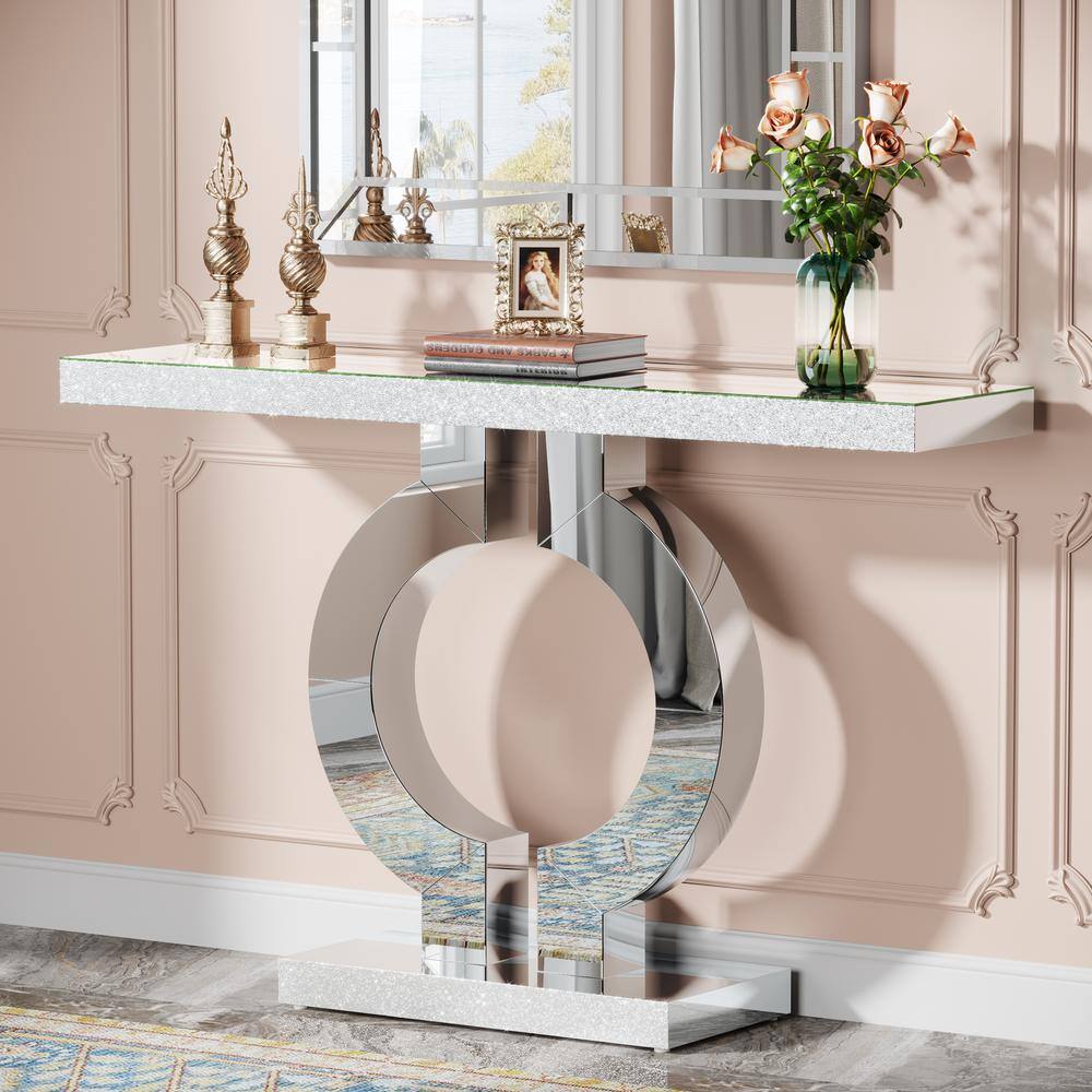 Silver Mirrored Glass Console Table with O-Shaped Base