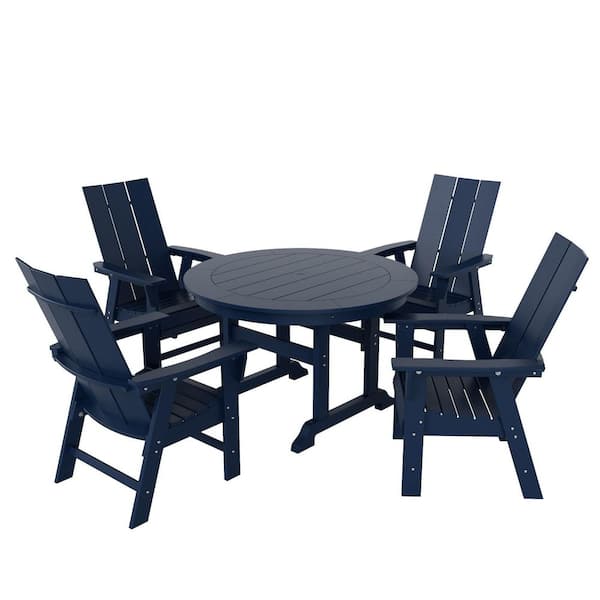 Shoreside Outdoor Patio Weather Resistant Adirondack Navy Blue 5-Piece HDPE Plastic Round Table Dining Set