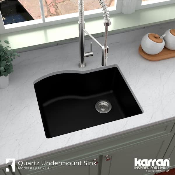 QU-671 Quartz/Granite 24 in. Single Bowl Undermount Kitchen Sink in Black  with Bottom Grid and Strainer