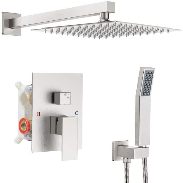 Single Handle 2-Spray Square Shower Faucet Bathroom Shower Combo Set 2.5 GPM with Adjustable Heads in Brushed Nickel