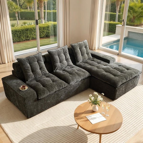 YAMI 106 in. Wide Arm 2-Piece Modern Chenille L-Shape Modular Boneless Couch Sectional Sofa in Gray with Right Chaise