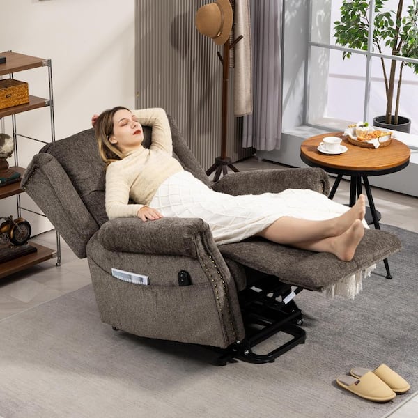 Grey Retro Chenille Power Lift Recliner with Nailhead Trim