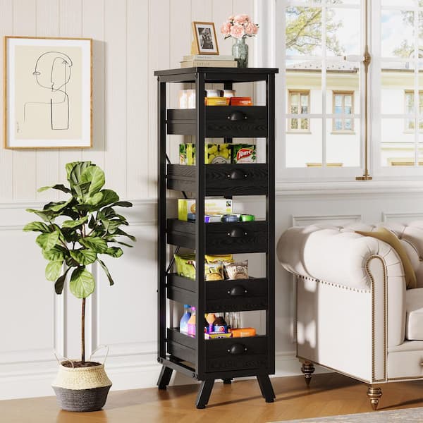 Keenyah Black 5-Shelf Wood 11.81 in. W x 44.88 in. H Bakers Rack, 5-Tier Snack Stand Pull-Out Organizer for Kitchen