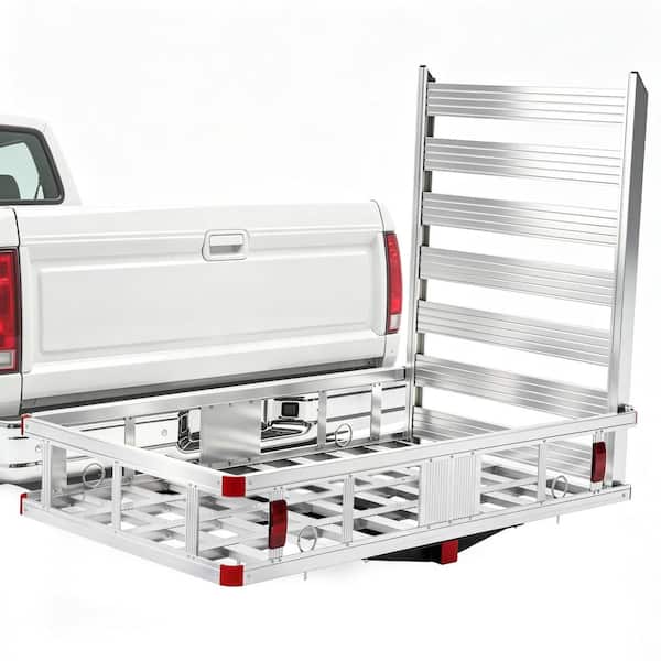 Heavy-Duty 47 x 28 x 6 in Aluminum Hitch Cargo Carrier Basket w/ Folding Ramp